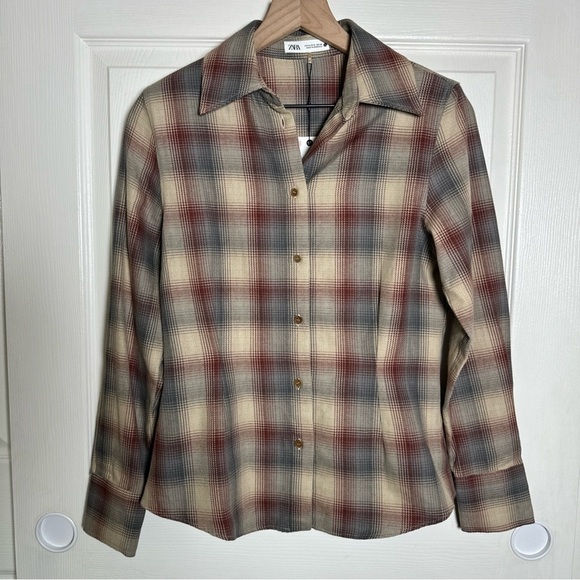 Zara Women’s Small Top Plaid Check Brown Collard Button Up Shirt Padded Western - Picture 3 of 15